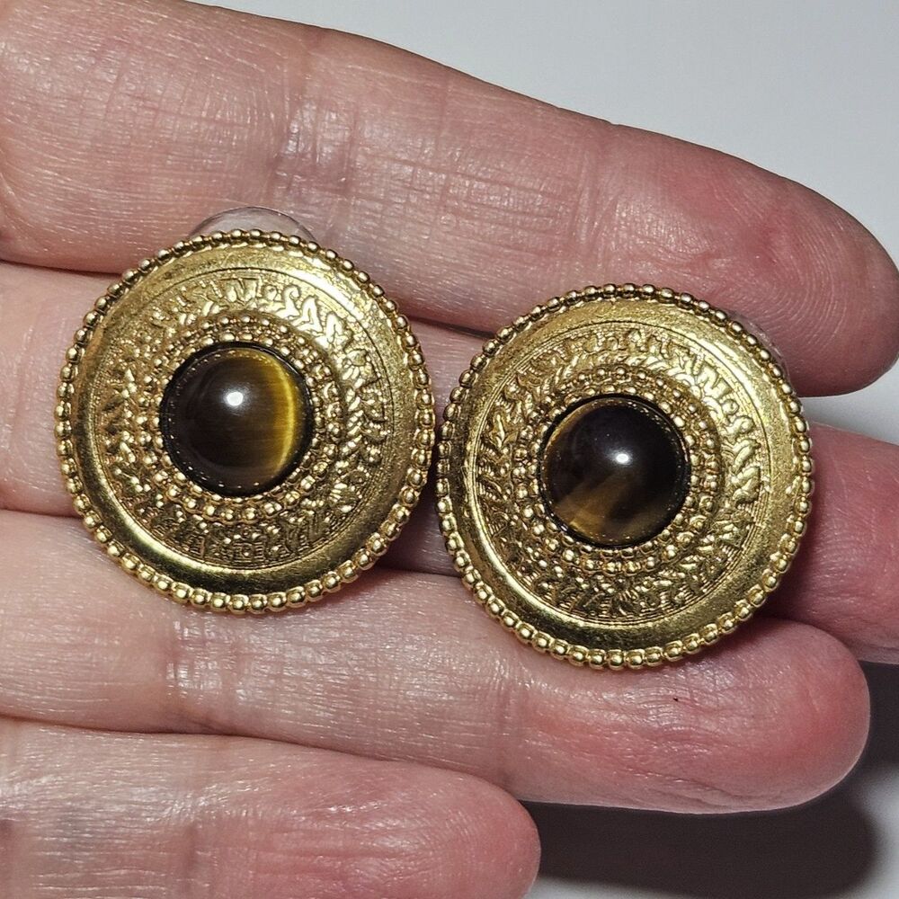 Vintage 1928 Gold Tone Round Brown Tiger's Eye Earrings